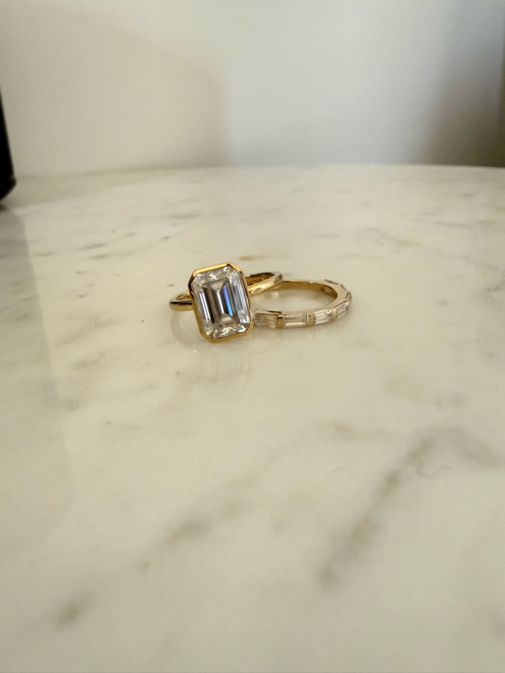 Gold Emerald-Cut Moissanite Solitaire Ring with Matching Gold Baguette Band